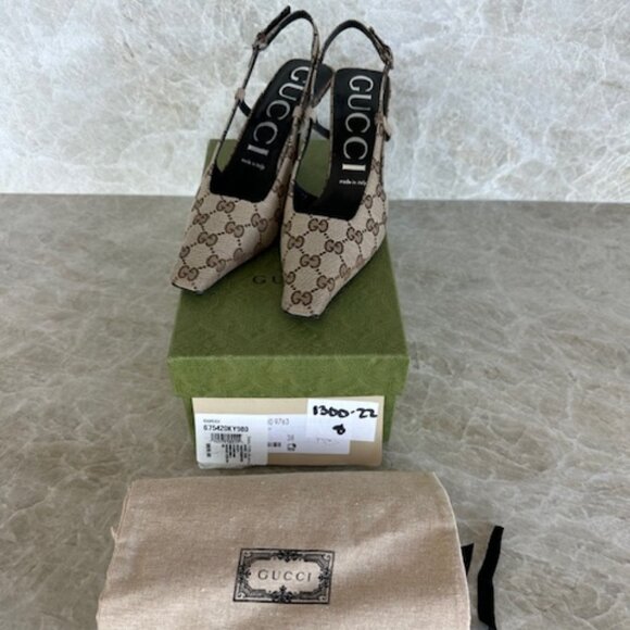 Gucci Shoes - Gucci Aria 76 Monogram Slingback Mules Beige Ebony Sz38